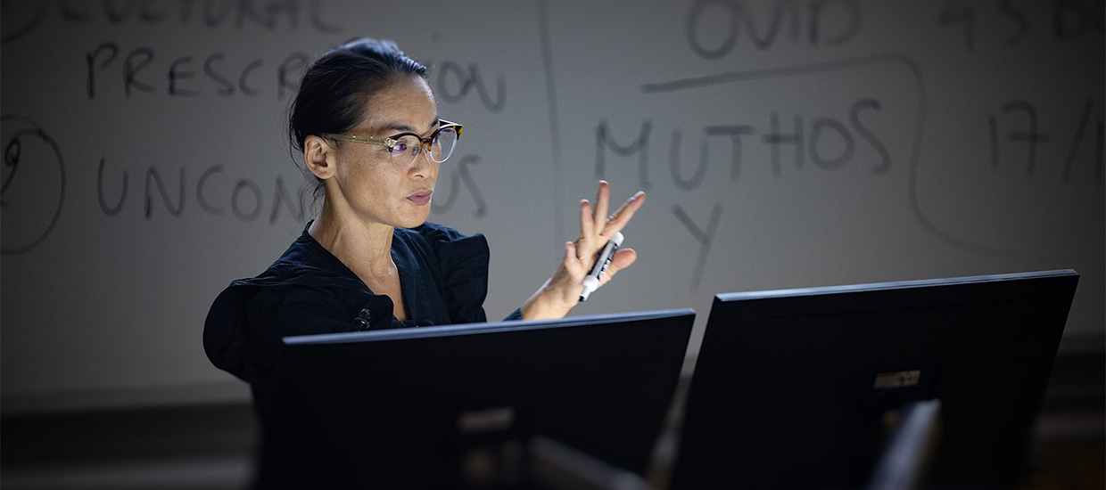 Han Tran, senior lecturer in the College of Arts and Sciences, teaches classical mythology last week in the Whitten Learning Center as the fall semester kicked off. Photo: Joshua Prezant/University of Miami